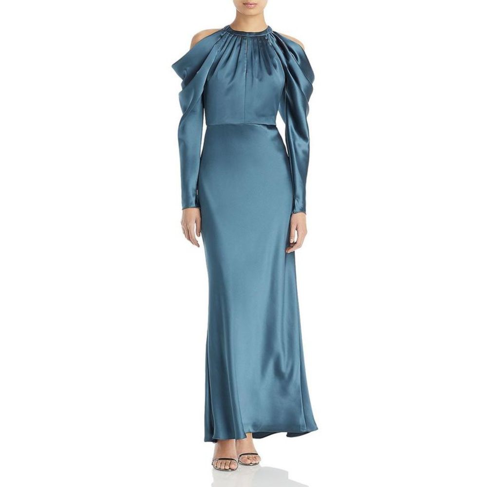 Amsale Womens Blue Satin Cold Shoulder Formal Evening Dress Gown NWOT